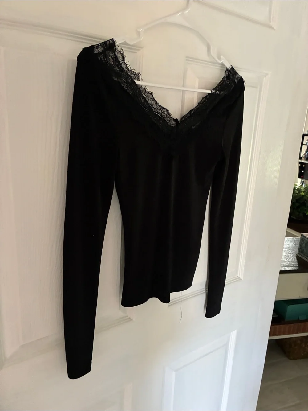 H&M Black Lace-Trim Long Sleeve V-Neck Top